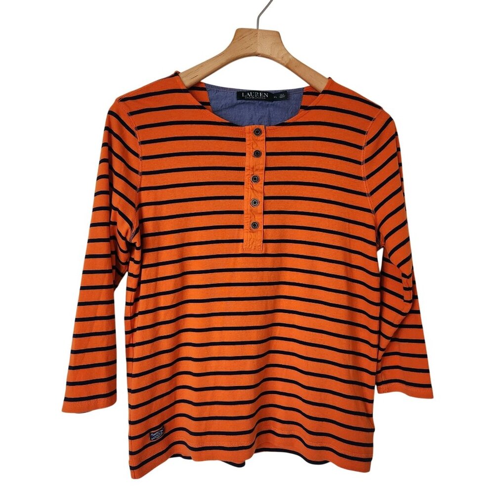 Lauren Ralph Lauren Orange & Navy Striped Button Henley Top Stretchy Comfy Soft - Picture 1 of 7